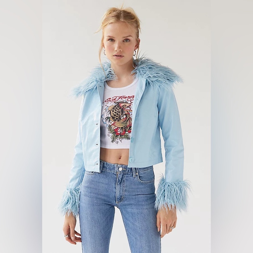 URBAN OUTFITTERS Uo Mia Faux Fur Trim Jacket In Light Blue size M